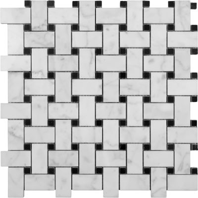 Basketweave Light Carrara Honed Nero Dot Chip Size: 25x48mm Sheet Size 305x305mm