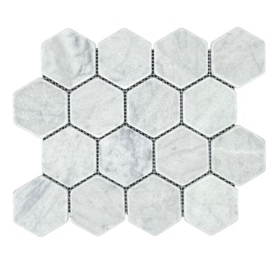 Hexagon Carrara Tumbled Chip Size 70x80mm Sheet Size 289x250mm