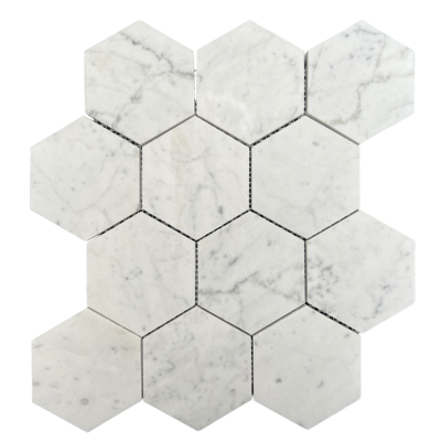 Hexagon Carrara Honed 90 Chip Size 90x10mm Sheet Size 275x316x10mm
