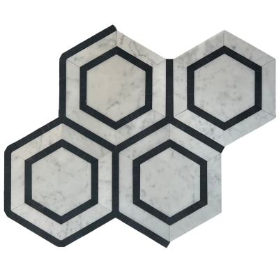 Hexagon Carrara + Nero Border Honed Sheet Size 315x275x10mm