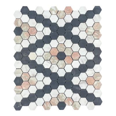 Mix Hexagon Nero, Volakas, Norvegian Red Honed Chip Size 25x25x7mm Sheet Size 317x274mm