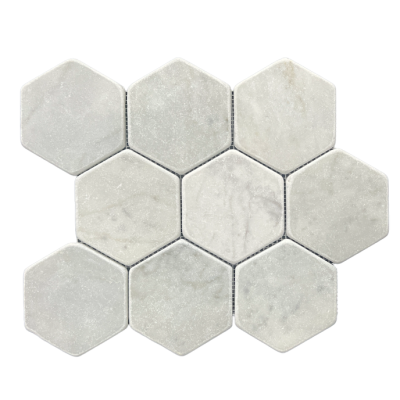 Hexagon Carrara Tumbled Chip Size 98mm Sheet Size 298x258x10mm