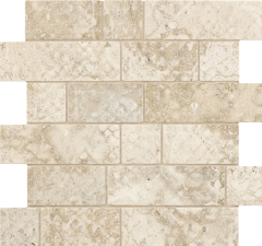French Limestone Ivory Tumbled Edge Mix Brickbond Mosaic