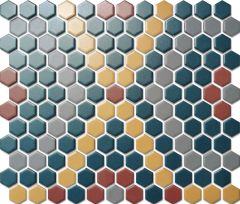Custom-Made Mixed Colours Glazed Hexagons PGHS-0097M Chip Size 23x26x4mm Sheet Size 260x300mm